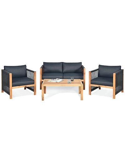 Slickblue 4 Pieces Acacia Wood Outdoor Patio Furniture Set with Cushions
