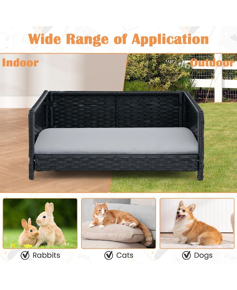 Slickblue Rattan Dog Bed with Waterproof Soft Cushion for Medium Small Dogs Cats-Grey