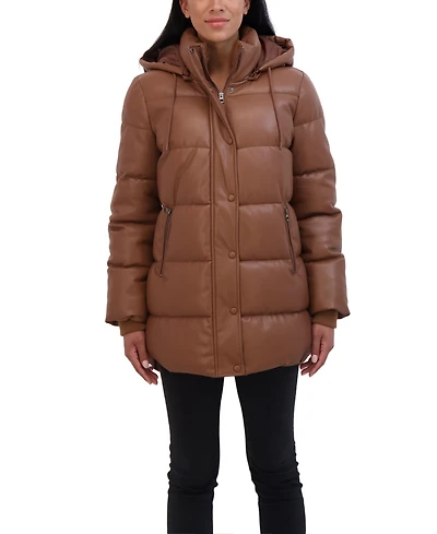 Sebby Collection Women's Faux Leather 3/4 Puffer Jacket With Hood