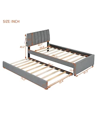 Streamdale Teddy Fleece Twin Platform Bed with Trundle, Led Lights, Beige