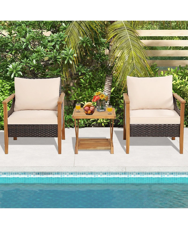 Slickblue 3 Pieces Patio Wicker Furniture Set with 2-Tier Side Table and Cushioned Armchairs