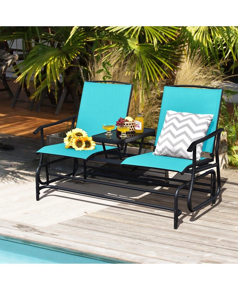 Slickblue 2-Person Double Rocking Loveseat with Mesh Fabric and Center Tempered Glass Table