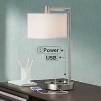 Colby Modern Desk Table Lamp with Hotel Style Usb and Ac Power Outlet in Base 21" High Brushed Nickel White Linen Drum Shade for Living Room Bedr
