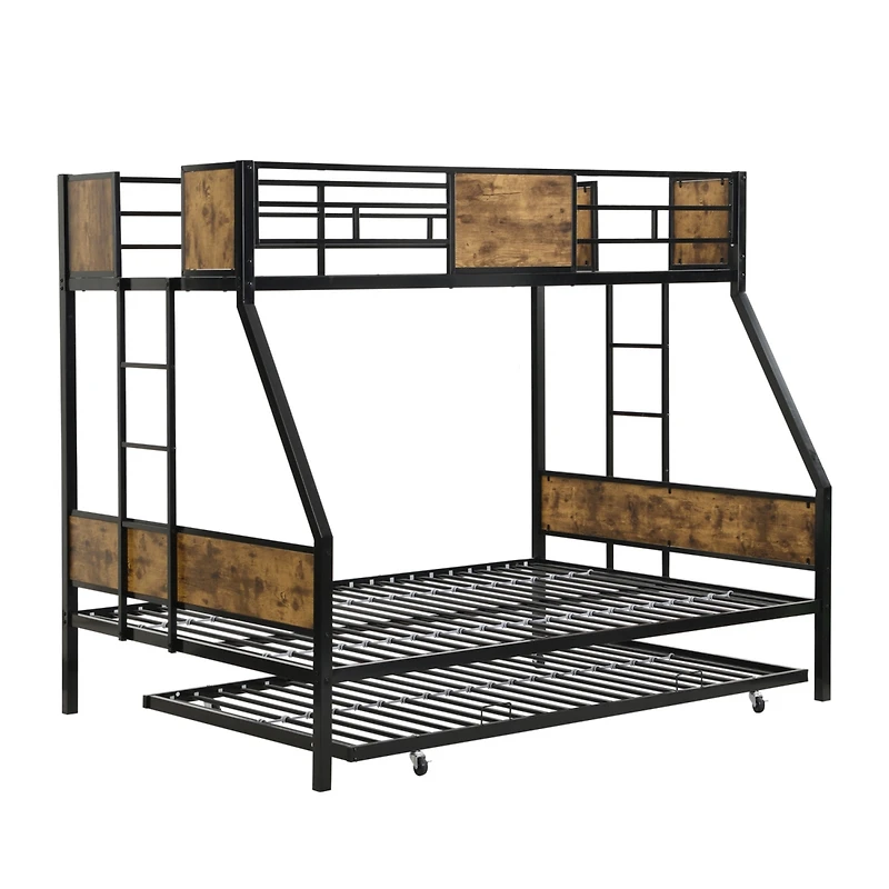 Simplie Fun Twin Over Full Bunk Bed with Trundle, Guardrails, Storage