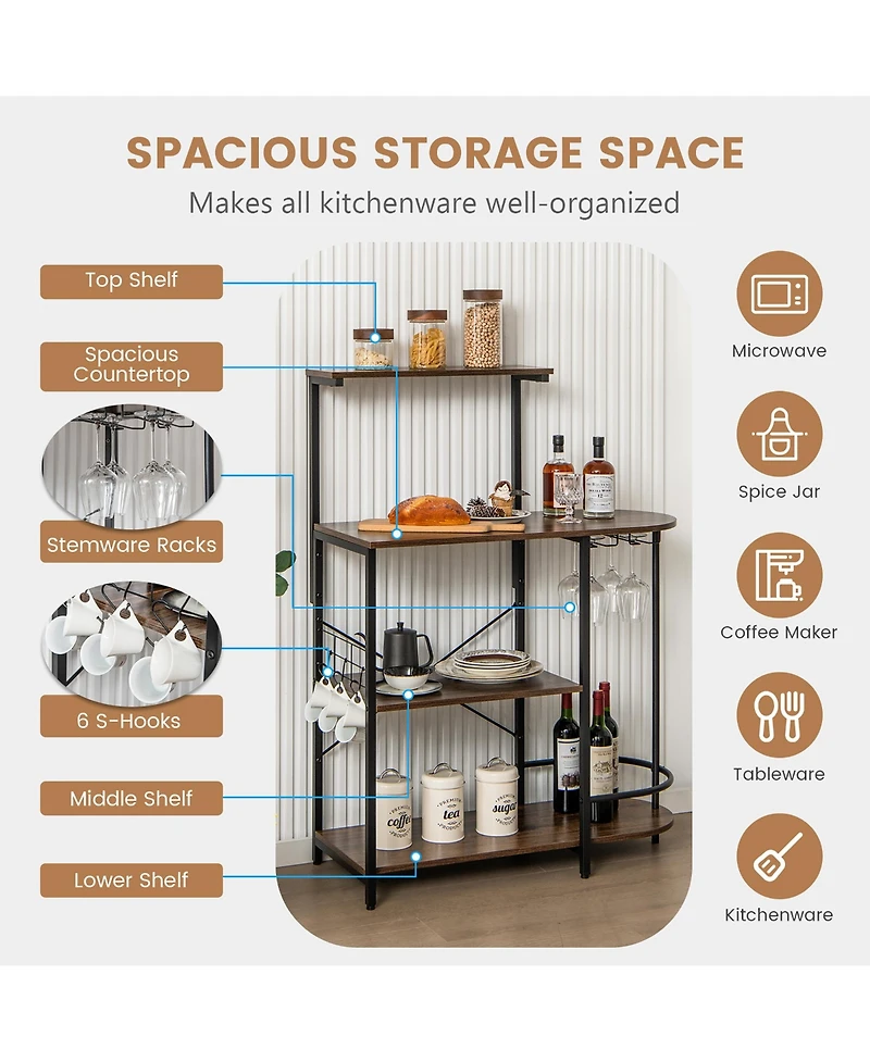 Costway Kitchen Bakers Rack Microwave Stand Coffee Bar w/ S-Hooks & Stemware Holder