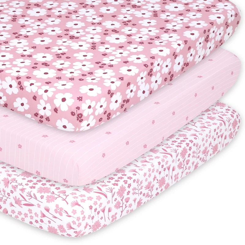 The Peanutshell Pack n Play, Mini Crib, Portable Crib or Fitted Playard Sheets for Baby Girl, Daisy, 3 Pack Set