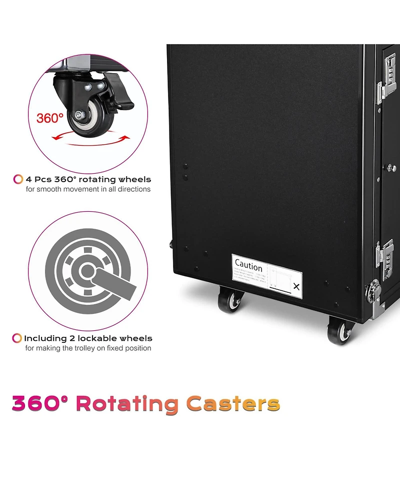 Byootique Rolling Makeup Train Case Patented Design Pedicure Nail Salon Nail Foldable Trolley Cosmetic Organizer Black with Stool