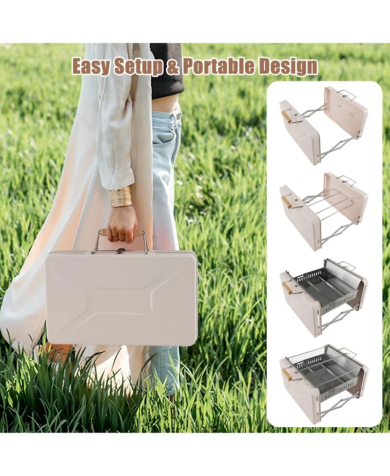 Slickblue Folding Charcoal Bbq Grill with Dishwasher-safe Grill Grids and Charcoal Box-Beige