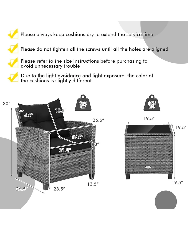 Slickblue 3 Pieces Outdoor Wicker Conversation Set with Tempered Glass Tabletop