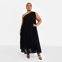 Rebdolls Women's Desiree Chiffon Pleated One Shoulder Maxi Shift Dress