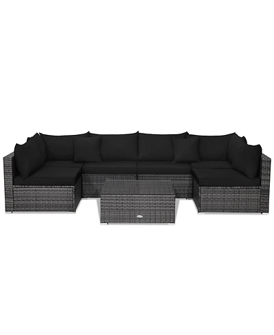 7 Pieces Patio Rattan Furniture Set with Sectional Sofa Cushioned