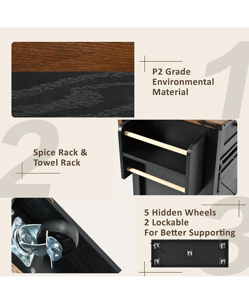 Big Black Wood Grain Farmhouse Kitchen Island with Power Outlet and Sliding Barn Doors