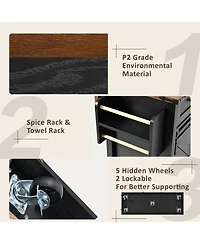 Big Black Wood Grain Farmhouse Kitchen Island with Power Outlet and Sliding Barn Doors