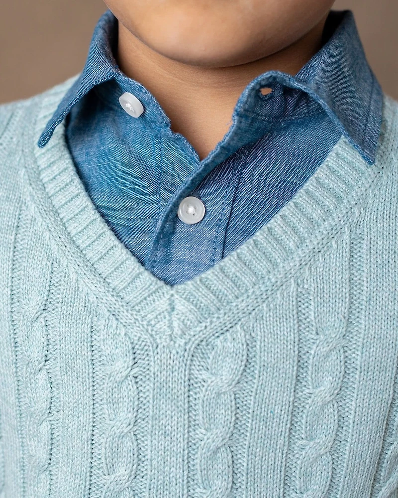 Hope & Henry Baby Boys Long Sleeve Fine Gauge Cable V-Neck Sweater