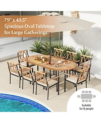 Slickblue 79 Inch Oval Patio Dining Table with Umbrella Hole and Acacia Wood Tabletop for 8 People