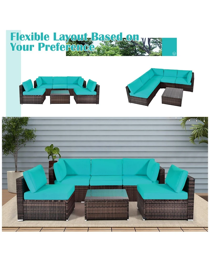 6 Pieces Patio Rattan Furniture Set with Cushions and Glass Coffee Table-Turquoise