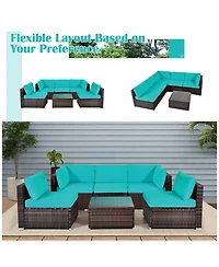 6 Pieces Patio Rattan Furniture Set with Cushions and Glass Coffee Table-Turquoise
