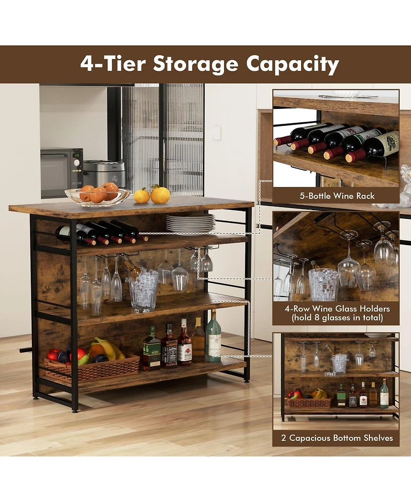 Kitchen Island with 4-Tier Storage Shelf and Long Footrest for Home-Rustic Brown
