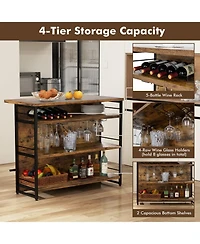 Kitchen Island with 4-Tier Storage Shelf and Long Footrest for Home-Rustic Brown