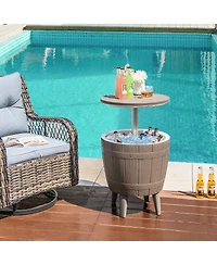 10 Gallon Cooler Bar Table Outdoor Coffee Table Ice Bucket with Telescopic Tabletop for Beer and Wine-Brown