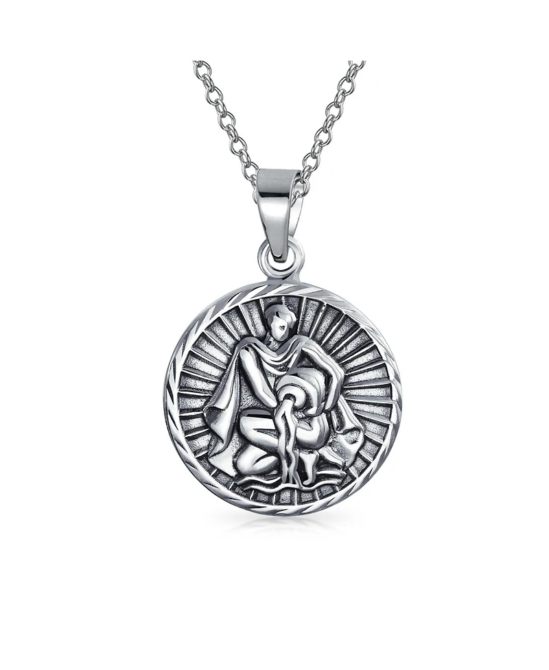Bling Jewelry Aquarius Zodiac Sign Round Medallion Pendant Necklace Sterling Silver