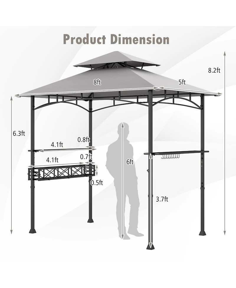 8 x 5 Ft Outdoor Grill Gazebo with 2 Side Shelves and 20 Hooks-Grey
