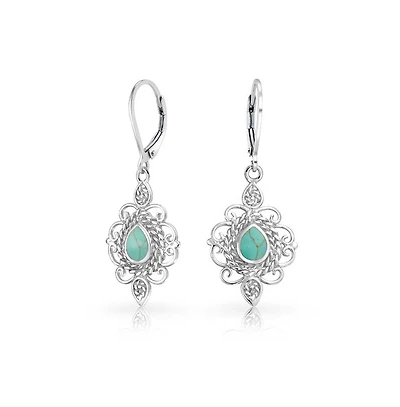 Bling Jewelry Filigree Teardrop Natural Turquoise Lever Back Dangle Earrings Western Style Sterling Silver