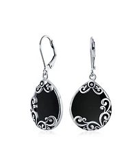 Bling Jewelry Boho Western Large Flat Teardrop Natural Stone Filigree Scroll Lever Back Dangle Earrings Oxidized .925 Sterling Silver