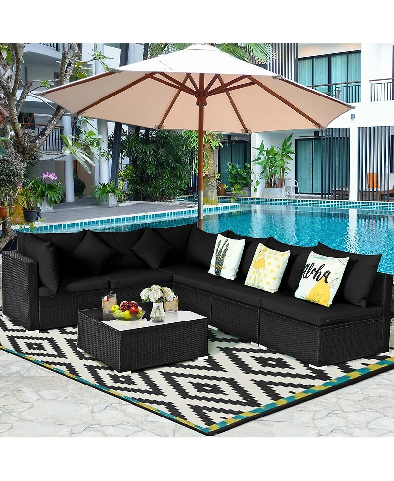 Slickblue 7 Pieces Outdoor Sectional Wicker Patio Furniture Sofa Set with Tempered Glass Top and Softy Cushions-Black