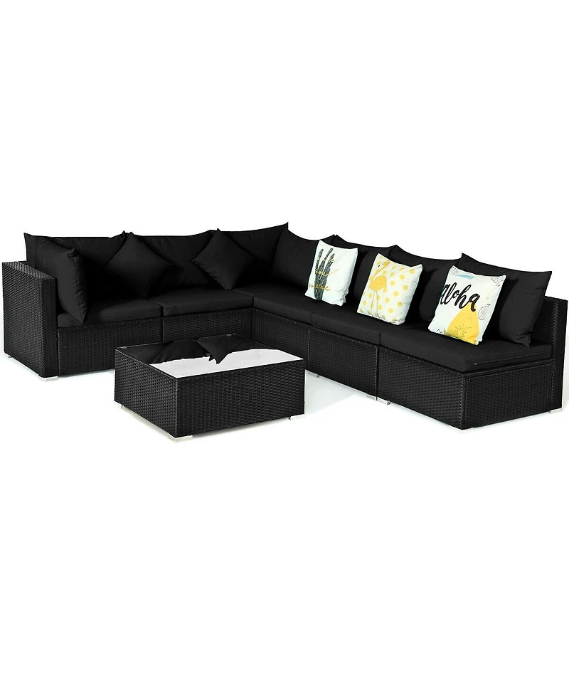 Slickblue 7 Pieces Outdoor Sectional Wicker Patio Furniture Sofa Set with Tempered Glass Top and Softy Cushions-Black