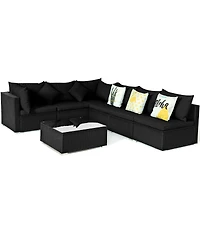 Slickblue 7 Pieces Outdoor Sectional Wicker Patio Furniture Sofa Set with Tempered Glass Top and Softy Cushions-Black