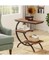 Tribesigns C-Shaped End Table, Industrial 3-Tier Small Side Table for Couch, Wood Bedside Table Snack Side Table with Storage Shelves for Living Room
