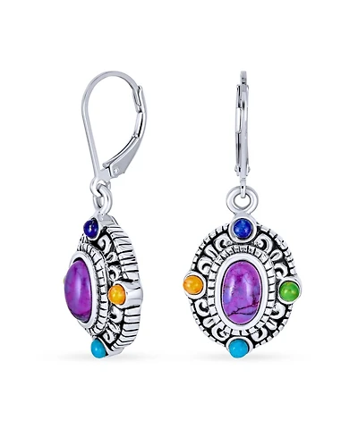 Bling Jewelry Western Style Multicolor Purple Natural Turquoise Oval Framed Dangle Lever Back Earrings Oxidized Sterling Silver