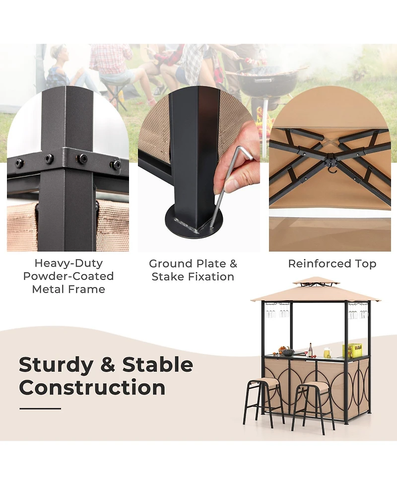 Slickblue 3-Piece Patio Bar Set Grill Gazebo & 2 Stools with Tempered Glass Table