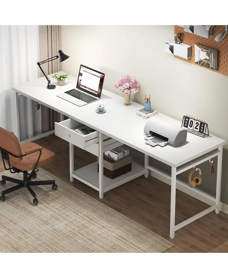 Tribesigns 79 Inch Extra Long Desk, Double Desk with 2 Drawers, Two Person Computer Storage Shelves, Writing Table Study for