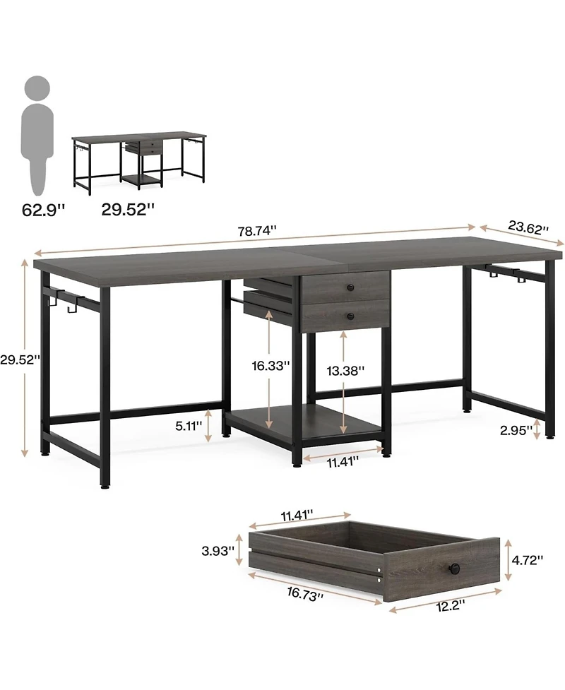 Tribesigns 79 Inch Extra Long Desk, Double Desk with 2 Drawers, Two Person Computer Storage Shelves, Writing Table Study for