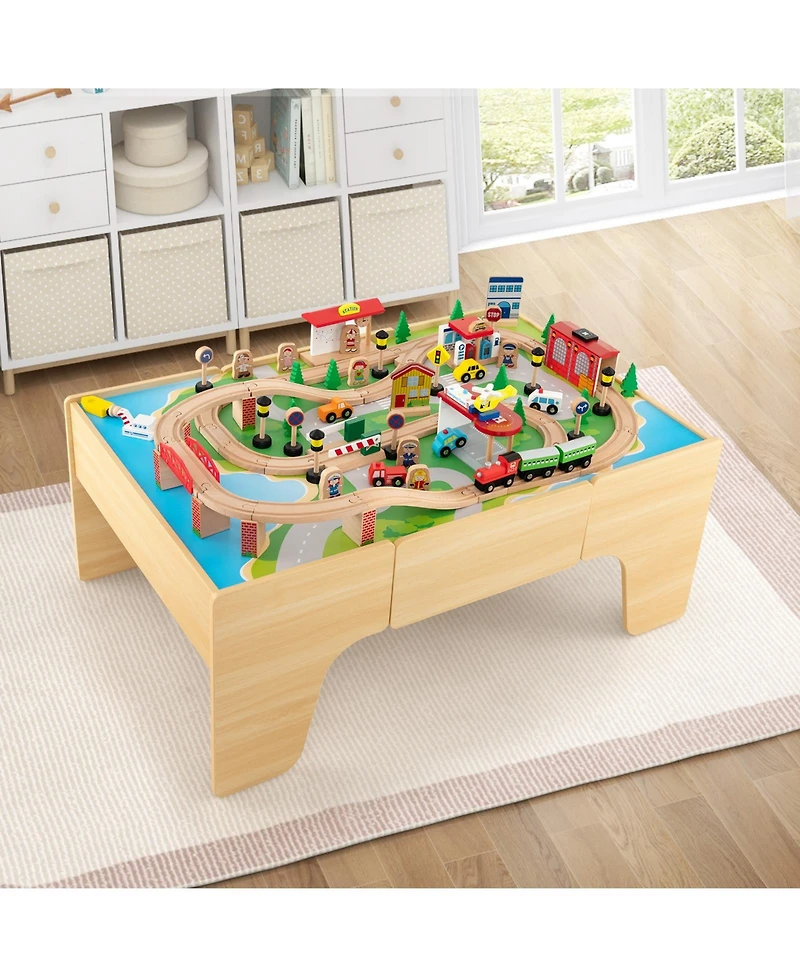 Slickblue 84-Piece Wooden Train Set with Reversible and Detachable Tabletop