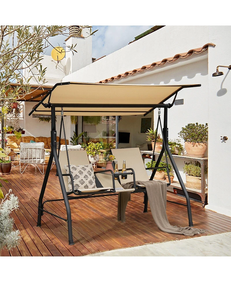 Slickblue 2-Seat Outdoor Cushioned Porch Swing with Adjustable Canopy and Tempered Glass Table-Beige