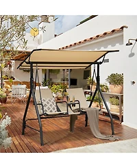 Slickblue 2-Seat Outdoor Cushioned Porch Swing with Adjustable Canopy and Tempered Glass Table-Beige