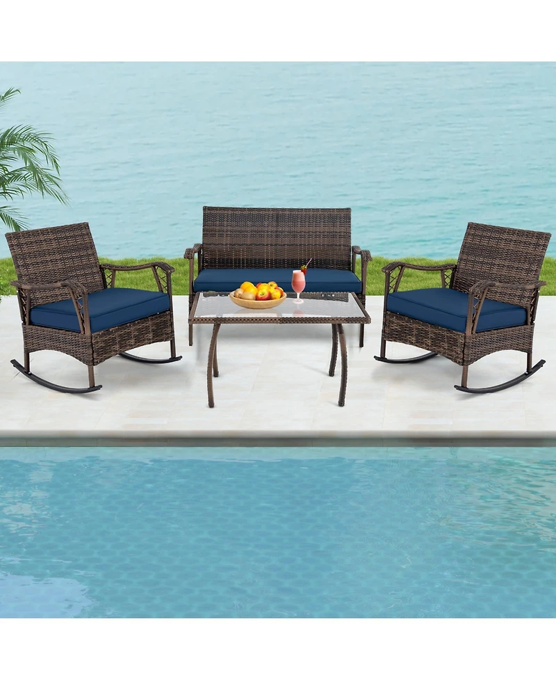 Slickblue 4 Pieces Wicker Rocking Set with Bungee Rope Seat for Porch Yard-Navy