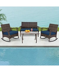 Slickblue 4 Pieces Wicker Rocking Set with Bungee Rope Seat for Porch Yard-Navy