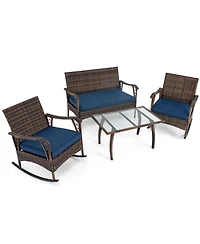 Slickblue 4 Pieces Wicker Rocking Set with Bungee Rope Seat for Porch Yard-Navy