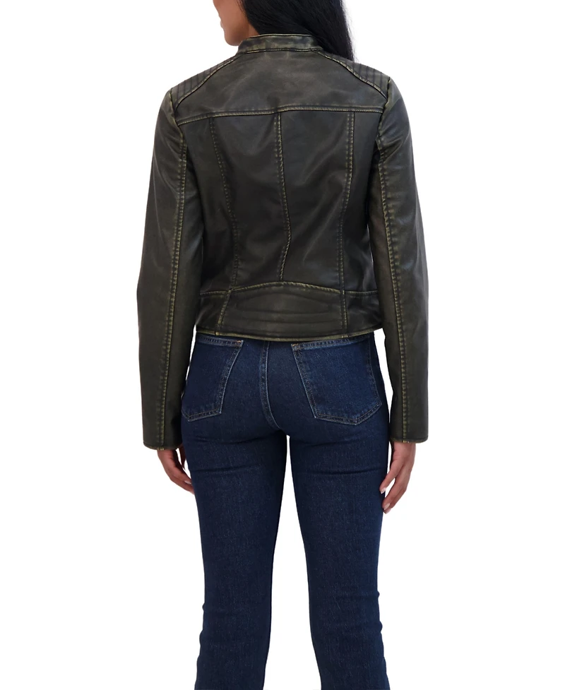 Sebby Collection Women's Distressed Faux Leather Zip Front Jacket