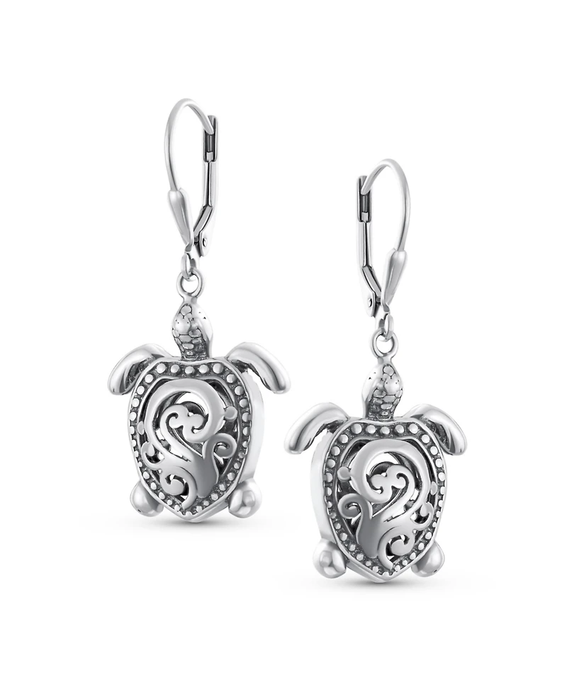 Bling Jewelry Honeymoon Vacation Nautical Balinese Tortoise Beach Balinese Turtle Dangle Earrings Oxidized Sterling Silver