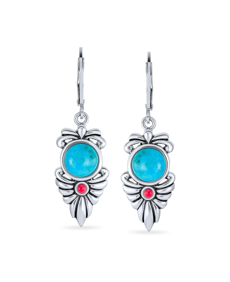 Bling Jewelry Southwest Native American Squash Blossom Style Multicolor Blue Natural Turquoise Red Carnelian Feather Lever Back Dangle Earrings Sterli