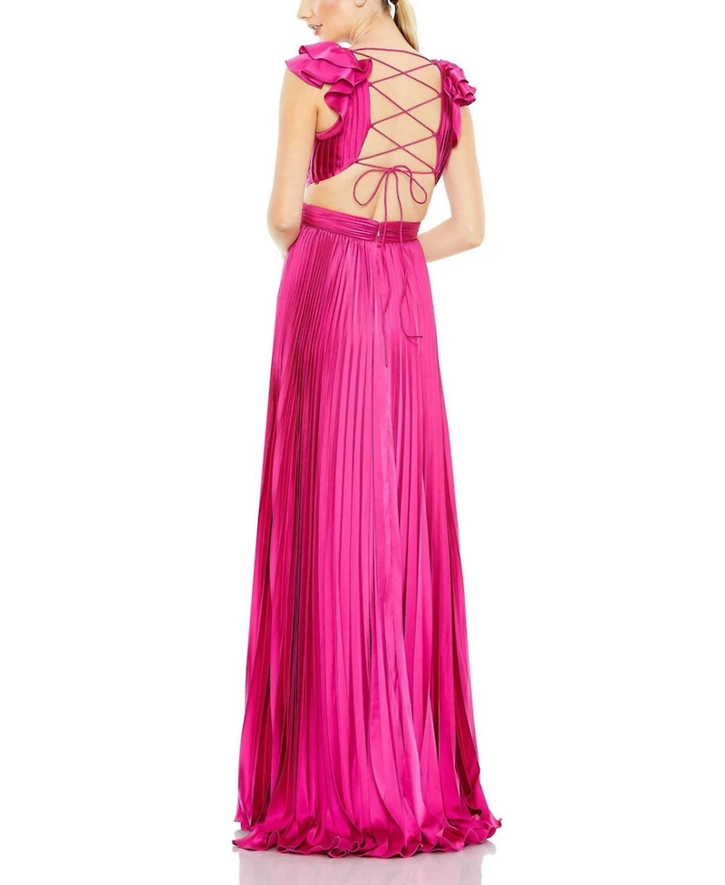 Mac Duggal Women's Ieena Pleated Ruffled Cap Sleeve Cut Out Lace Up Gown