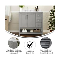 Merrick Lane Vigo Bathroom Vanity With Ceramic Sink, Carrara Marble Finish Countertop, Storage Cabinet With Soft Close Doors, Open Shelf And 3 Drawers