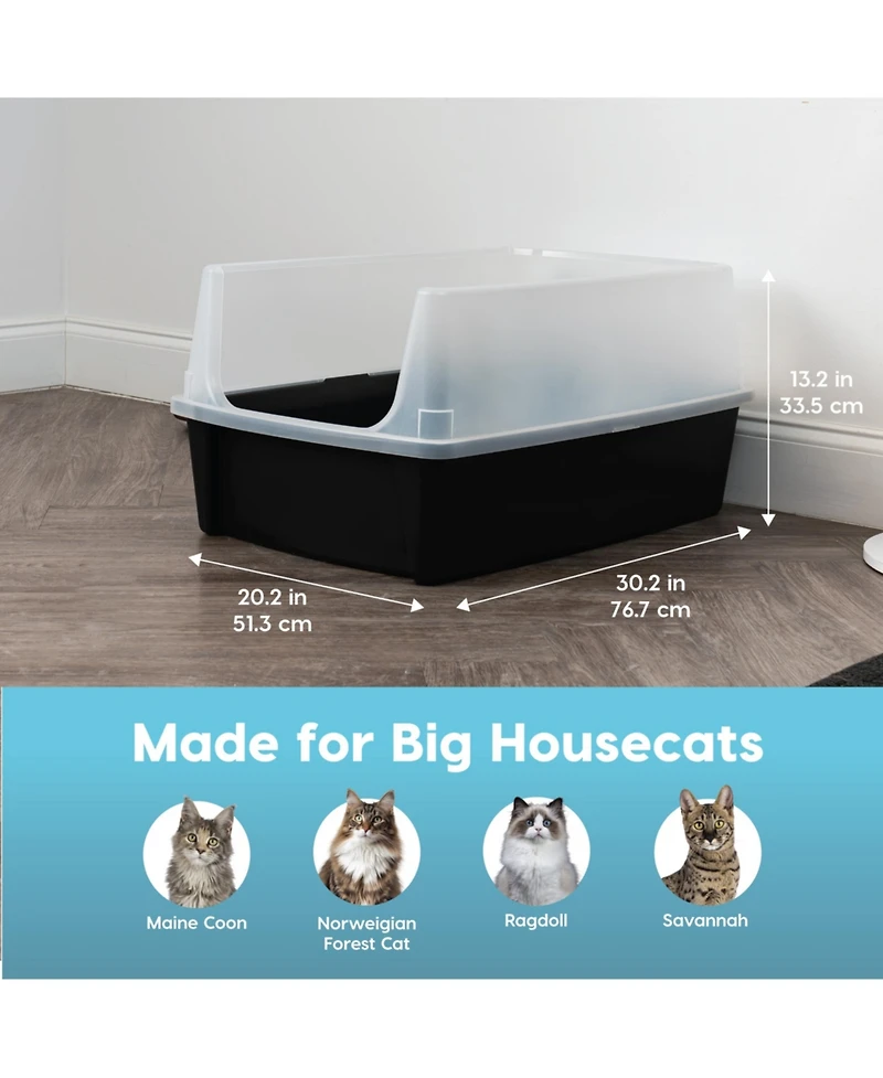 Iris Usa Extra Large Open Top Cat Litter Box with Scatter Shield, Sturdy Easy to Clean Open Air Kitty Litter Pan with Tall Spray, Black