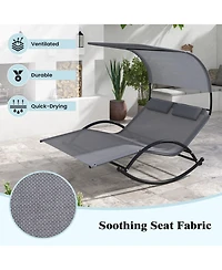 Slickblue Outdoor Dual Rocker Sunbed 2-Person Canopied Patio Lounger with Detachable Headrests-Grey