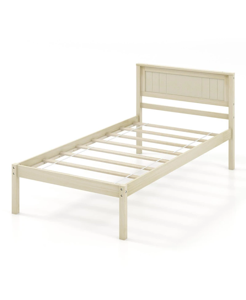 Sugift Twin Size Wooden Bed Frame with Headboard and Slat Support